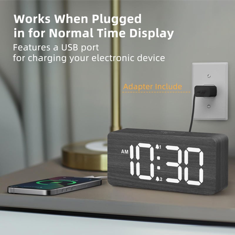 uscce Wooden Digital Alarm Clocks for Bedrooms: Dimmable Dual Alarm Clock with Large Numbers for Bedside Desk - Loud Alarm for Heavy Sleepers with Volume Control - Wood Decor & Gifts - Image 3