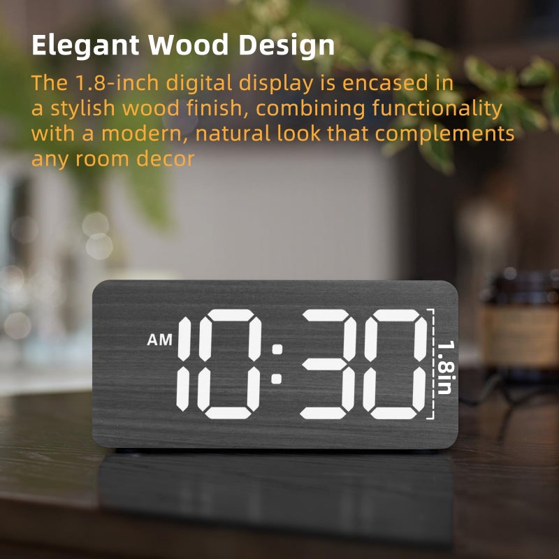 uscce Wooden Digital Alarm Clocks for Bedrooms: Dimmable Dual Alarm Clock with Large Numbers for Bedside Desk - Loud Alarm for Heavy Sleepers with Volume Control - Wood Decor & Gifts - Image 2