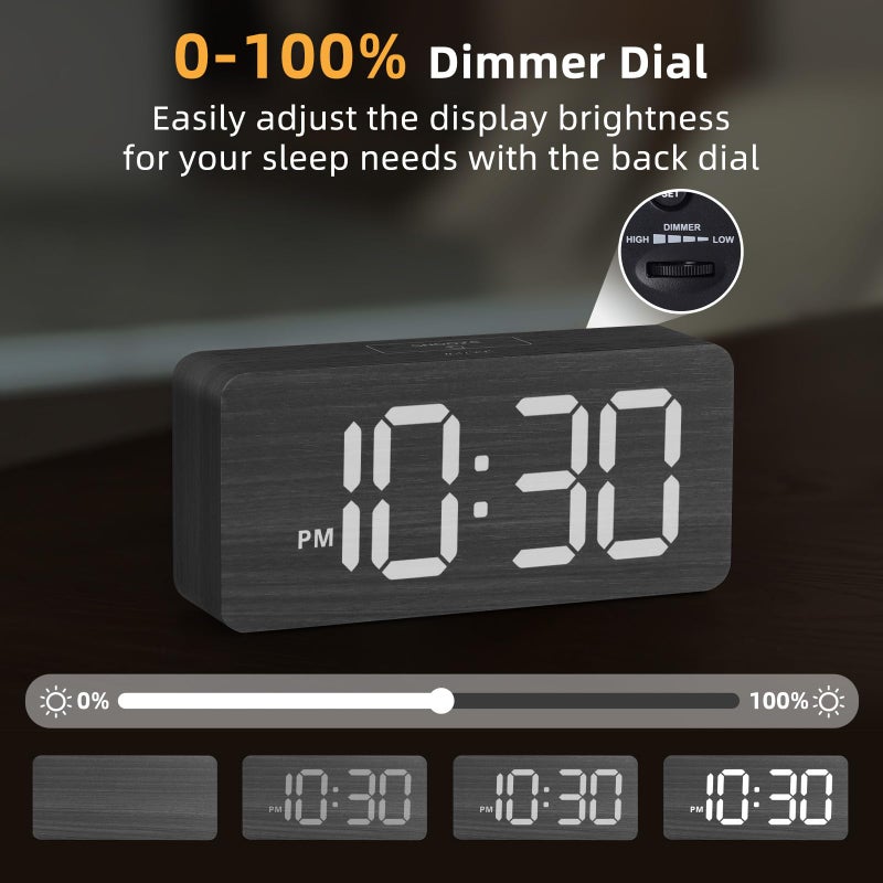 uscce Wooden Digital Alarm Clocks for Bedrooms: Dimmable Dual Alarm Clock with Large Numbers for Bedside Desk - Loud Alarm for Heavy Sleepers with Volume Control - Wood Decor & Gifts - Image 4