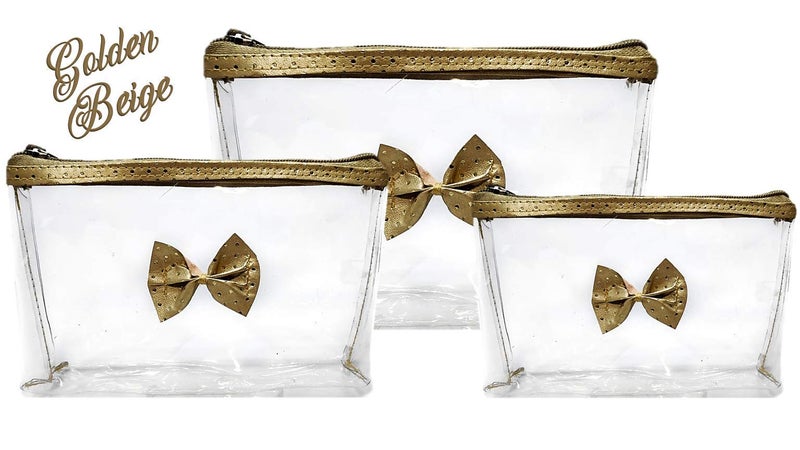 iShine Transparent Make-up Cosmetic Travelling Kit Purse Pouch Set of 3 (Beige) - Image 1