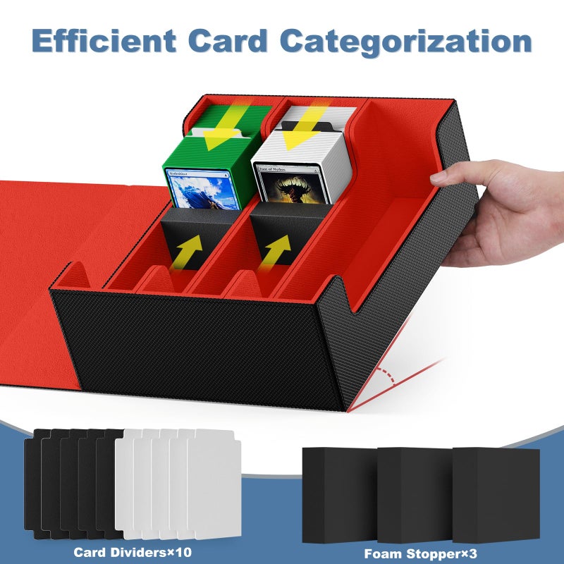 Mlikero Card Deck Case  1800+ Trading Card Storage Box with 10 Dividers and 3 Foam Stoppers  Leather Magnetic Closure Commander Deck Box Fit for YuGiOh  MTG and Sport Cards(Black&Red) - Image 3