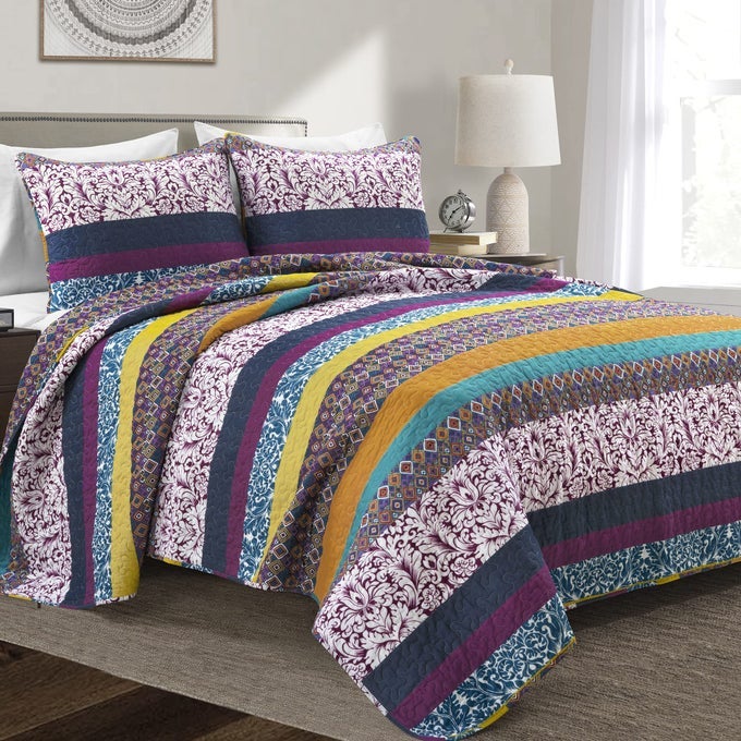 BOHO STRIPE REVERSIBLE COTTON QUILT 3PIECE SET FULL QUEEN PLUM YELLOW BOLD COLORFUL BOHEMIAN BEDDING SET
