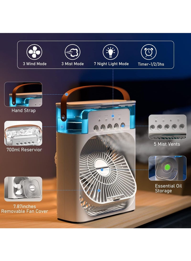 Generic - Rechargeable and Portable Air Conditioner | Air Cooler with 700ml Water Tank | USB Cooler with 3 Wind, 5 Mist Vents, 7 Night Light and 1-3H Timer mode | Cooling Fan with 1200 mAh battery (White) - Image 1