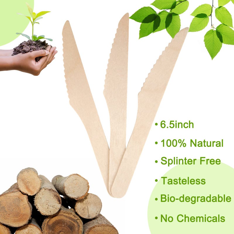 TANGTEA 200 Disposable Knives - 6.5 Inch Long Wooden Cutlery - Biodegradable Silverware for Catering Formal Events  Parties  Picnics  Camping  Travel  Weddings  and Other Occasions - Image 1