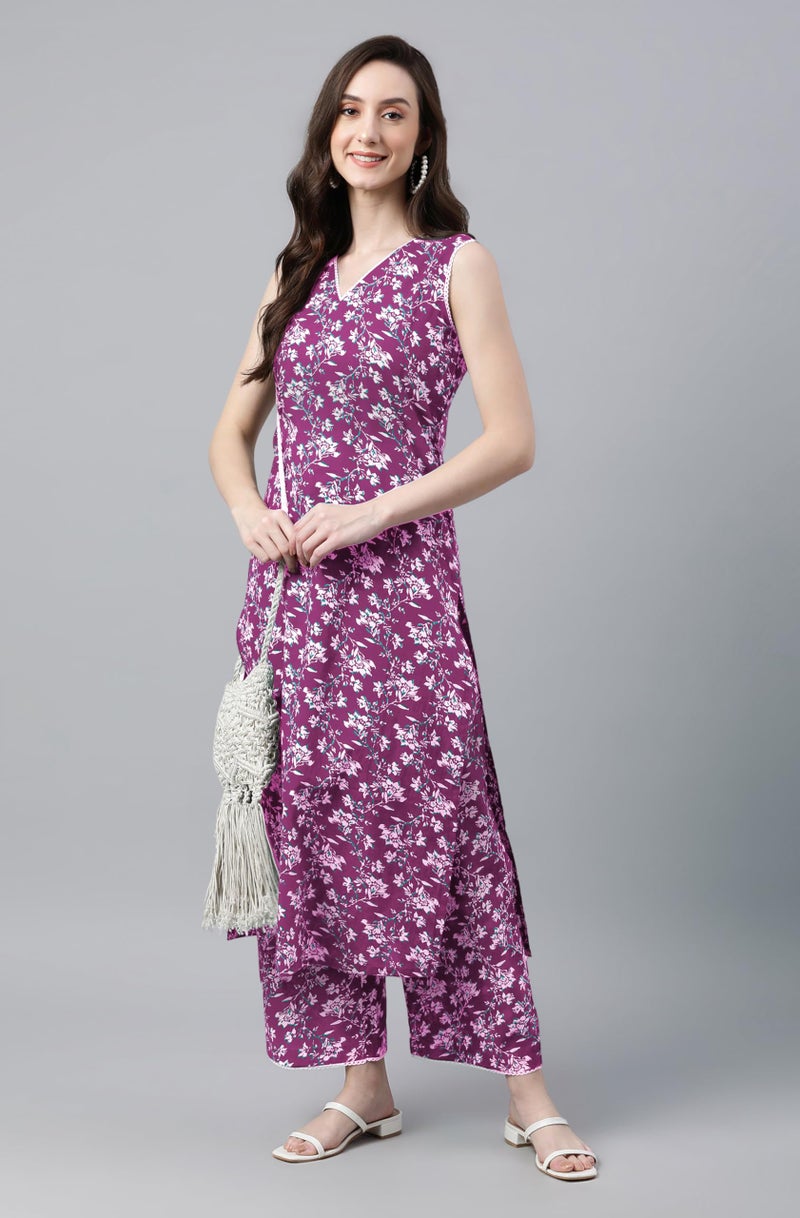 Janasya Women's Purple Pure Cotton Floral Printed Straight Kurta Set (JAC24KB01423-M) - Image 3