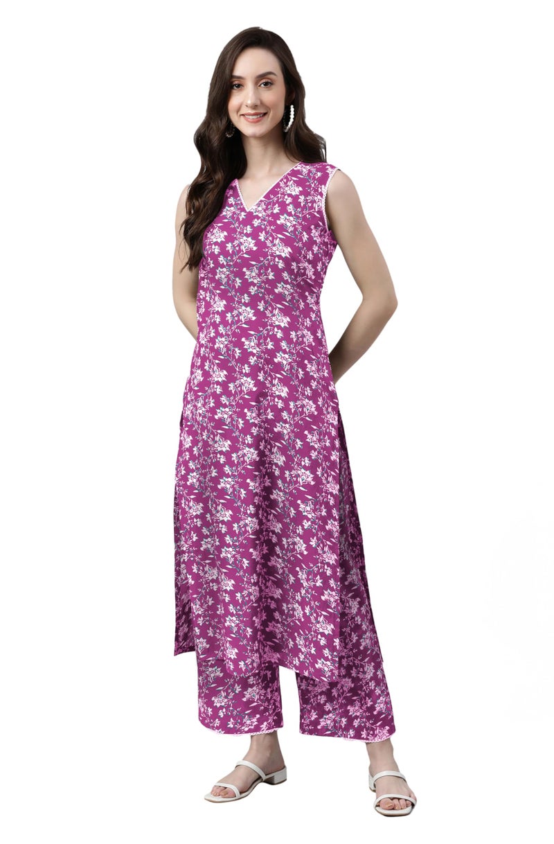 Janasya Women's Purple Pure Cotton Floral Printed Straight Kurta Set (JAC24KB01423-M) - Image 1