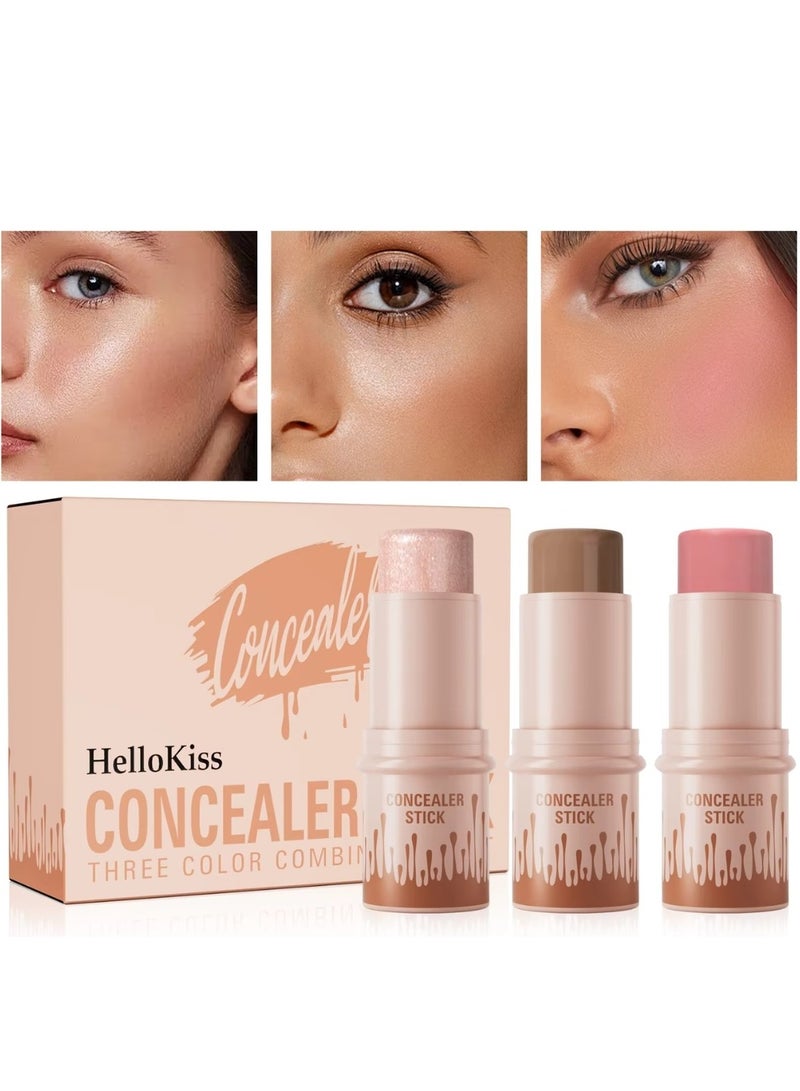 HelloKiss Concealer Stick Three Color Combination Set Highlight Contour and Blush Makeup Stick Set Cream Contour Concealer Stick Set Contour Highlighter Blusher Makeup Stick Soft Texture Skin Highlight Easy Makeup Stick SET A - Image 1