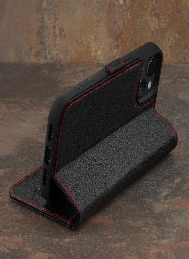 TORRO Leather Case Compatible with iPhone 15 Plus - Premium Leather Wallet Case with Kickstand and Card Slots - Black - Image 3