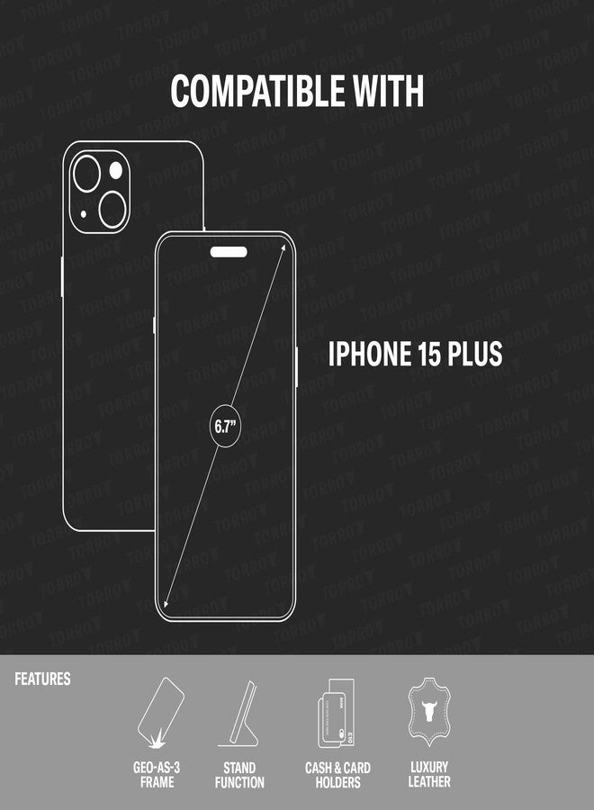 TORRO Leather Case Compatible with iPhone 15 Plus - Premium Leather Wallet Case with Kickstand and Card Slots - Black - Image 2