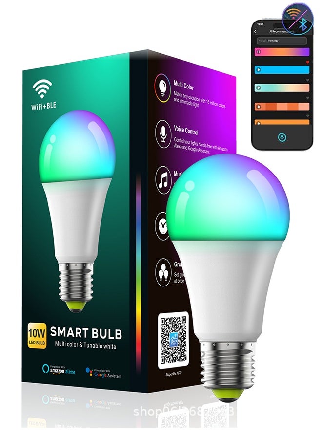 10W مصباح ذكي Wi-Fi بلوتوث متعدد الألوان قابل للتعديل، تصميم إضاءة ذكي بمساعدة الذكاء الاصطناعي، متوافق مع Google Home Assistant. - Image 1