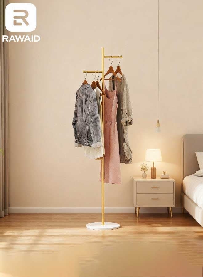 رَوَائِد علاقة معاطف ذهبية بقاعدة حجرية – حامل ملابس معدني قائم بذاته مع قضيب صغير للملابس، مناسب للمدخل أو الممر أو غرفة النوم - Image 1