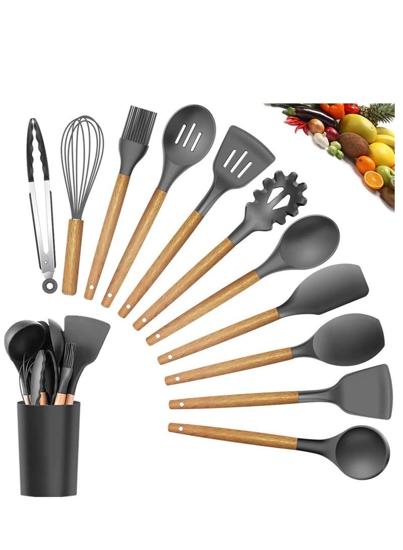 "12-Piece Black Silicone Cooking Utensil Set: Heat-Resistant Spatulas and Spoons for Non-Stick Cookware!" - Image 1
