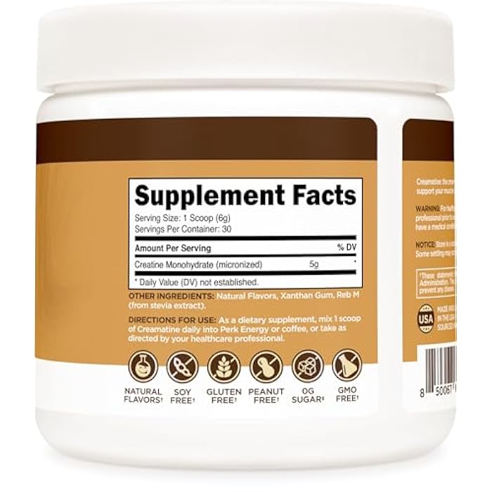 Perk Creamatine (French Vanilla) 30 Servings - Flavored Creatine Monohydrate, 5g of Creatine per Serving, Naturally Sweetened, Zero Sugar, Gluten-Free, Soy-Free - Image 4