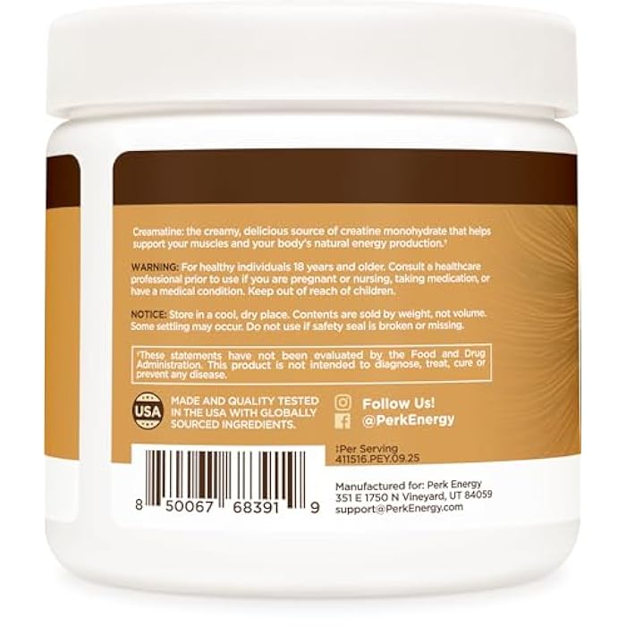 Perk Creamatine (French Vanilla) 30 Servings - Flavored Creatine Monohydrate, 5g of Creatine per Serving, Naturally Sweetened, Zero Sugar, Gluten-Free, Soy-Free - Image 3