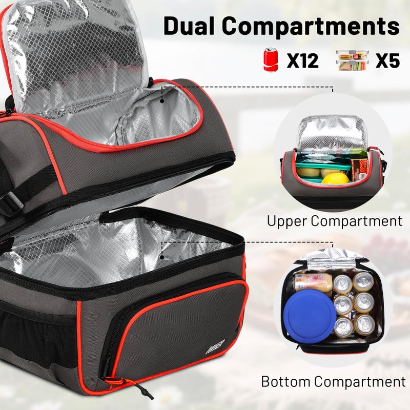 MIER 2 Compartment Lunch Bag Tote with Shoulder Strap for Men and Women Insulated Leakproof Cooler Bag, Grey/Orange - Image 2