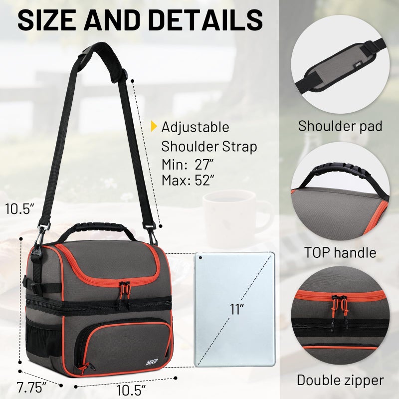 MIER 2 Compartment Lunch Bag Tote with Shoulder Strap for Men and Women Insulated Leakproof Cooler Bag, Grey/Orange - Image 4