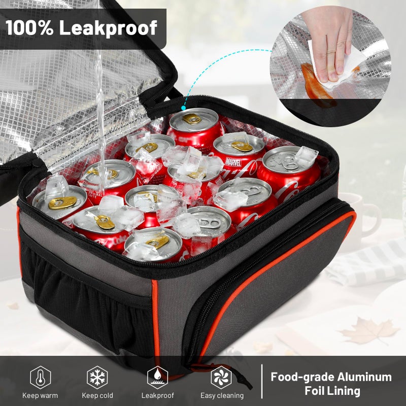 MIER 2 Compartment Lunch Bag Tote with Shoulder Strap for Men and Women Insulated Leakproof Cooler Bag, Grey/Orange - Image 5