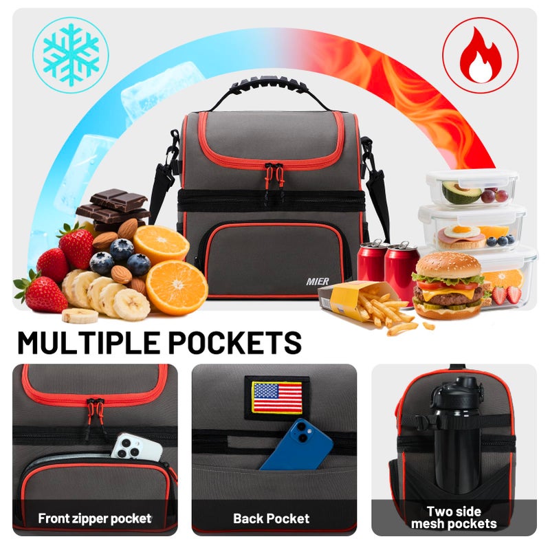 MIER 2 Compartment Lunch Bag Tote with Shoulder Strap for Men and Women Insulated Leakproof Cooler Bag, Grey/Orange - Image 3