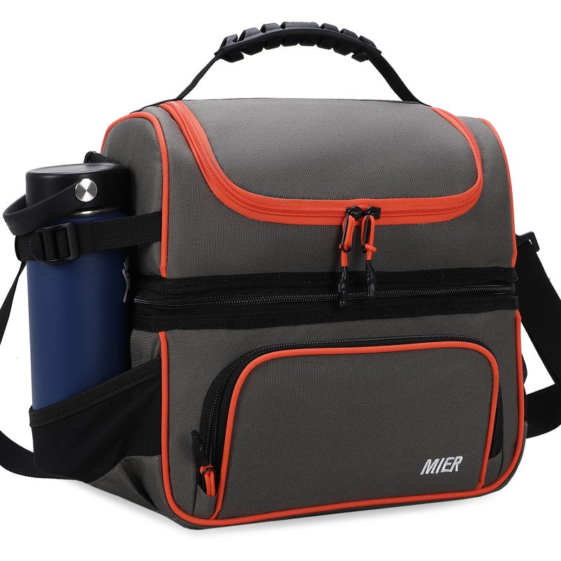 MIER 2 Compartment Lunch Bag Tote with Shoulder Strap for Men and Women Insulated Leakproof Cooler Bag, Grey/Orange - Image 1