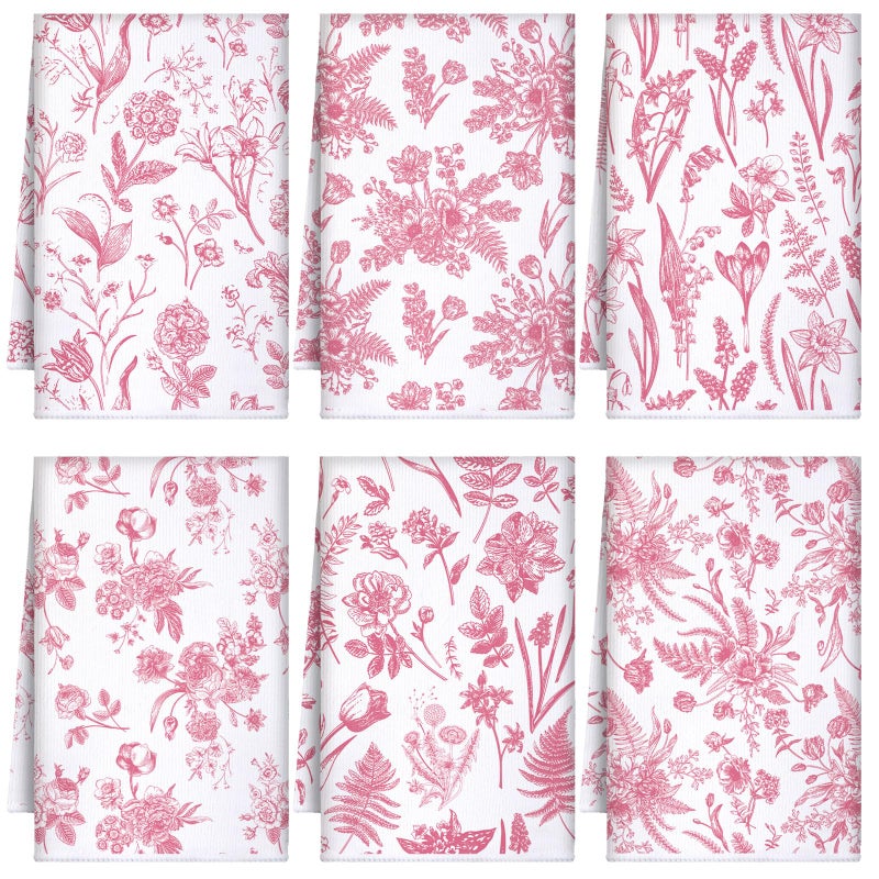 Boyiee 6 Sets Vintage Flower Kitchen Towels Pink and White Wildflower Dish Cloth Absorbent Retro Floral Tea Hand Towels Decorative Set 24"x16" for Farmhouse Kitchen Bathroom Housewarming Gift - Image 1