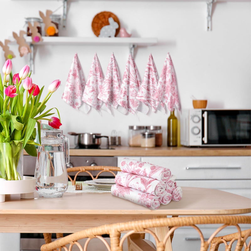 Boyiee 6 Sets Vintage Flower Kitchen Towels Pink and White Wildflower Dish Cloth Absorbent Retro Floral Tea Hand Towels Decorative Set 24"x16" for Farmhouse Kitchen Bathroom Housewarming Gift - Image 2