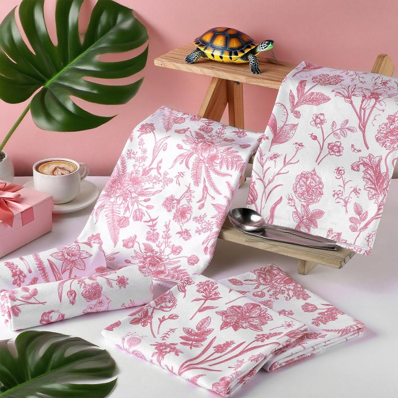 Boyiee 6 Sets Vintage Flower Kitchen Towels Pink and White Wildflower Dish Cloth Absorbent Retro Floral Tea Hand Towels Decorative Set 24"x16" for Farmhouse Kitchen Bathroom Housewarming Gift - Image 3