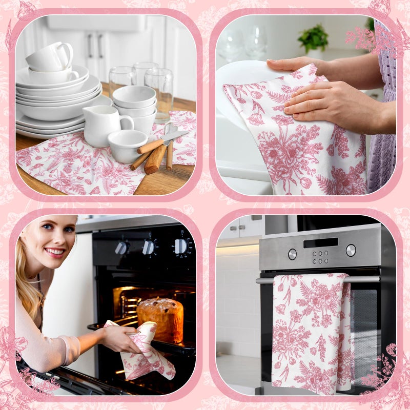 Boyiee 6 Sets Vintage Flower Kitchen Towels Pink and White Wildflower Dish Cloth Absorbent Retro Floral Tea Hand Towels Decorative Set 24"x16" for Farmhouse Kitchen Bathroom Housewarming Gift - Image 5
