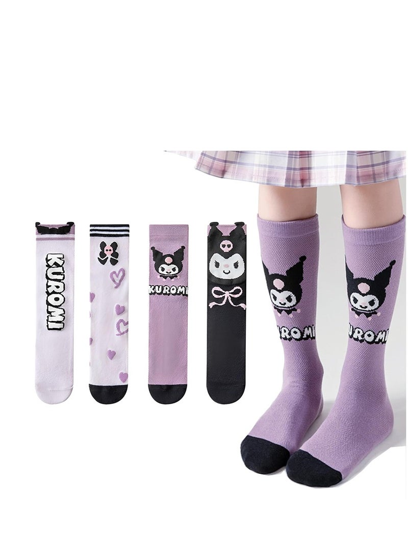 Furtey - kuromi 4 Pairs Knee High Socks for Girls, Cute Cartoon Compression Sock, Comfy Breathable Long Cotton Stocking - Image 1