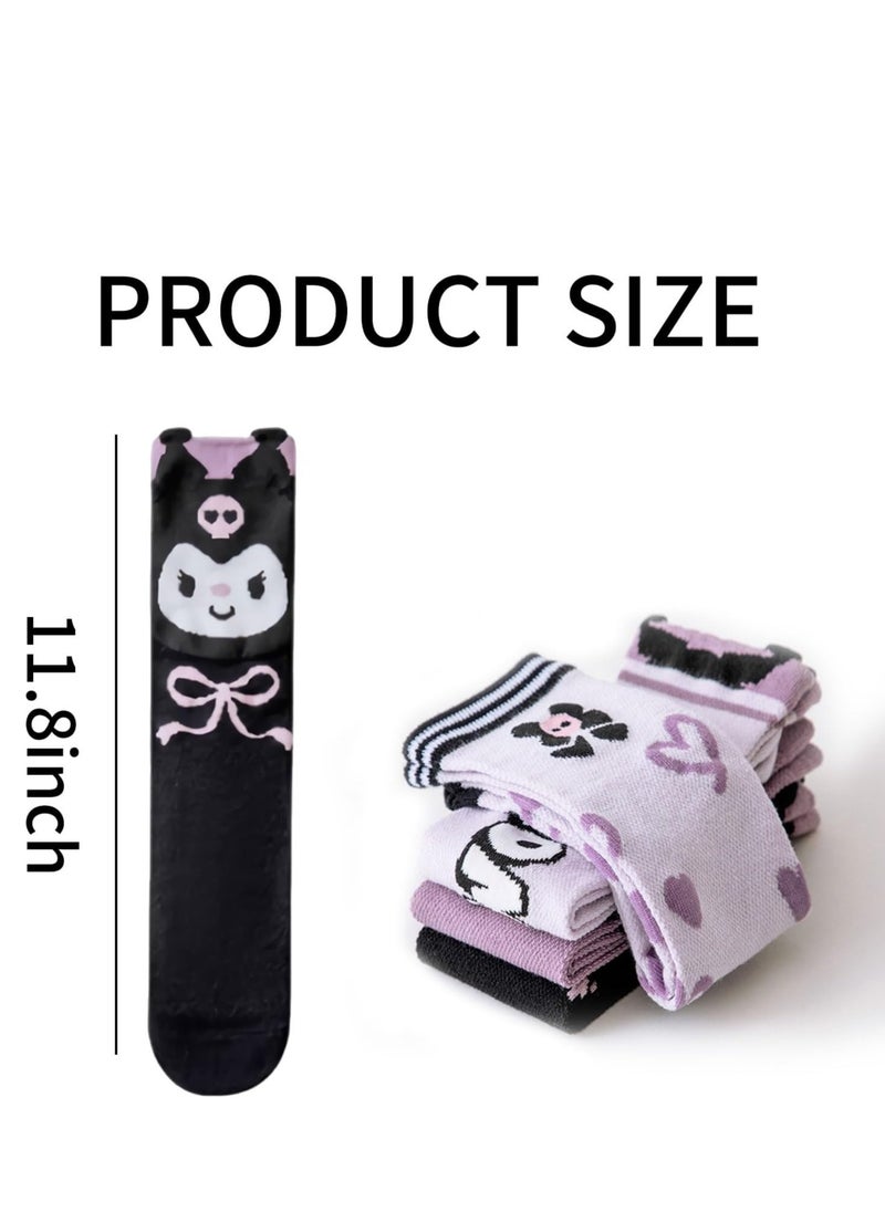 Furtey - kuromi 4 Pairs Knee High Socks for Girls, Cute Cartoon Compression Sock, Comfy Breathable Long Cotton Stocking - Image 1