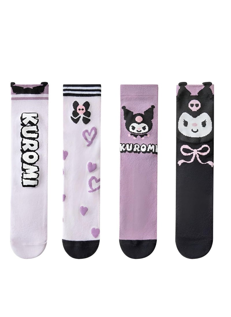 Furtey - kuromi 4 Pairs Knee High Socks for Girls, Cute Cartoon Compression Sock, Comfy Breathable Long Cotton Stocking - Image 1