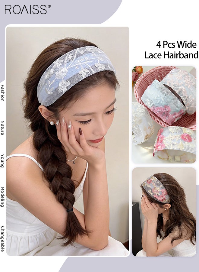 roaiss 4 Pcs Lace Embroidered Flower Headbands, Elegant Wide-brimmed Mesh Hairband, Fashionable Hair Accessory for Everyday Use Party and Holidays - Image 1