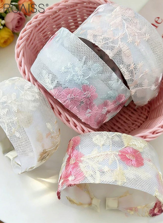 roaiss 4 Pcs Lace Embroidered Flower Headbands, Elegant Wide-brimmed Mesh Hairband, Fashionable Hair Accessory for Everyday Use Party and Holidays - Image 2