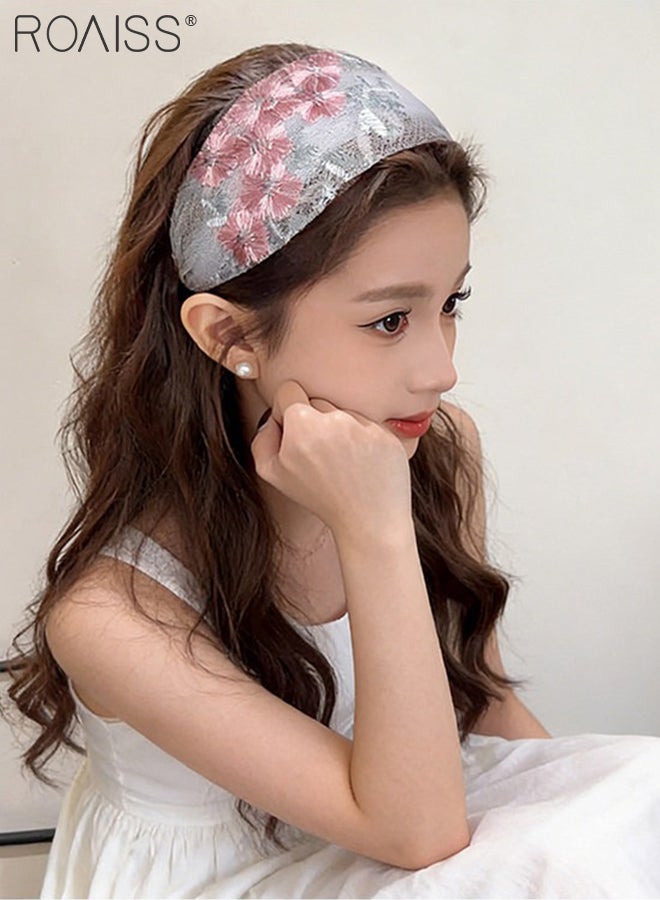 roaiss 4 Pcs Lace Embroidered Flower Headbands, Elegant Wide-brimmed Mesh Hairband, Fashionable Hair Accessory for Everyday Use Party and Holidays - Image 4