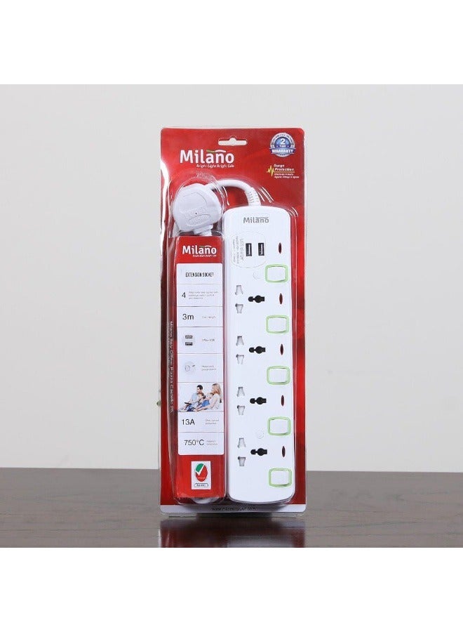 DANUBE HOME Milano Extension Chord 4 Outlets And 2 Usb Ports Power Strip Extension Lead Extension Board 4W 3M 2Usb - Image 3