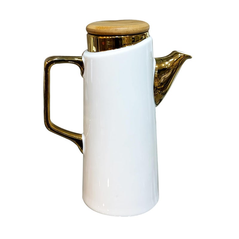 Lemon Tree Ceramic Oil & Beverage Pot With Wooden Spillproof Airtight Lid For Oils, Vinegar, Accompaniments,Juice, Beverages, Tea & Coffee - White - Image 1