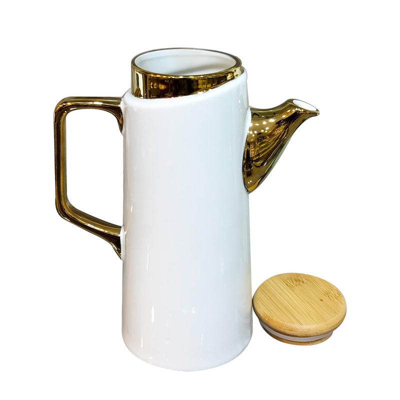 Lemon Tree Ceramic Oil & Beverage Pot With Wooden Spillproof Airtight Lid For Oils, Vinegar, Accompaniments,Juice, Beverages, Tea & Coffee - White - Image 2