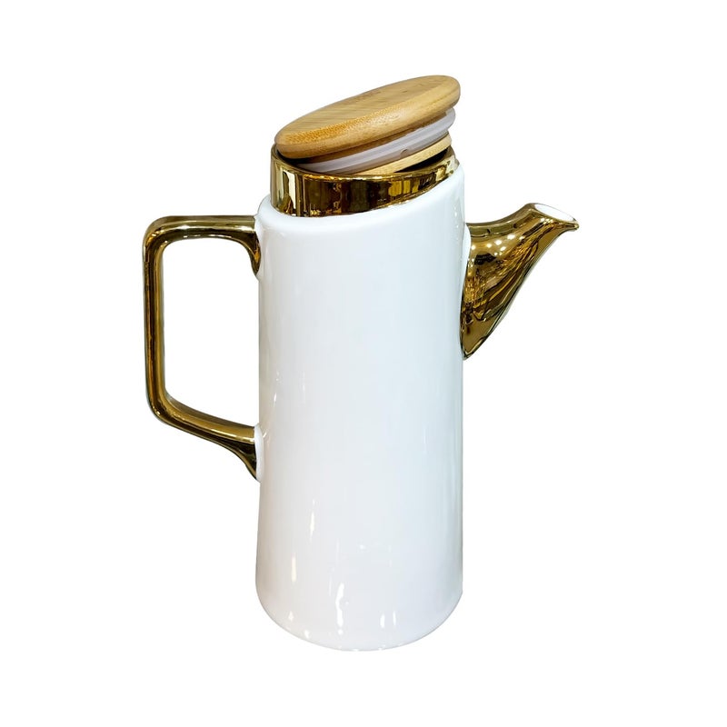 Lemon Tree Ceramic Oil & Beverage Pot With Wooden Spillproof Airtight Lid For Oils, Vinegar, Accompaniments,Juice, Beverages, Tea & Coffee - White - Image 4