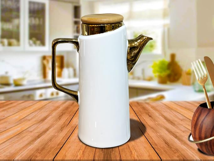Lemon Tree Ceramic Oil & Beverage Pot With Wooden Spillproof Airtight Lid For Oils, Vinegar, Accompaniments,Juice, Beverages, Tea & Coffee - White - Image 5