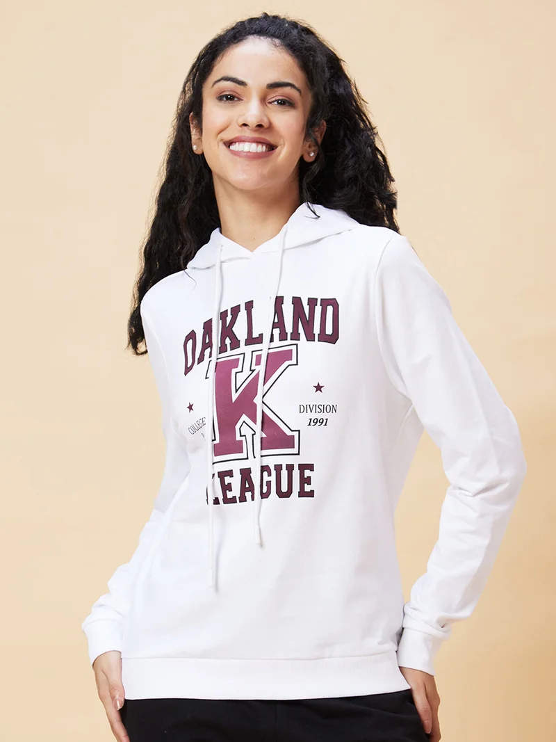 globus Globus Women White Typography Printed Hooded Pure Cotton Pullover