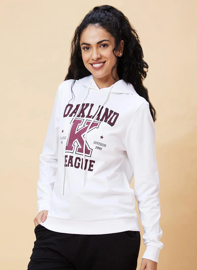 globus Globus Women White Typography Printed Hooded Pure Cotton Pullover