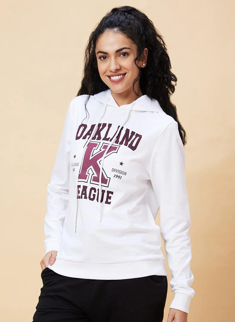 Globus Globus Women White Typography Printed Hooded Pure Cotton Pullover
