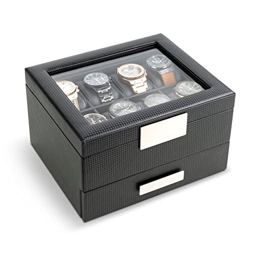 Glenor Co Watch Box with Valet Drawer for Men - 8 Slot Luxury Watch Case Display Organizer, Carbon Fiber Design - Metal Buckle for Mens Jewelry Watches, Men's Storage Boxes Holder has Large Glass Top - Image 2