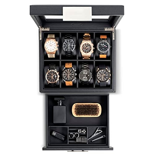 Glenor Co Watch Box with Valet Drawer for Men - 8 Slot Luxury Watch Case Display Organizer, Carbon Fiber Design - Metal Buckle for Mens Jewelry Watches, Men's Storage Boxes Holder has Large Glass Top - Image 3