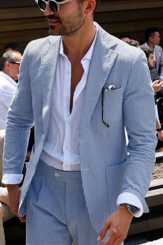 PopEle Mens Navy Blue Seersucker Suit Grooms Sear Sucker Suit for Fall Wedding Mens Leisure Suits Slim Fit - Image 5