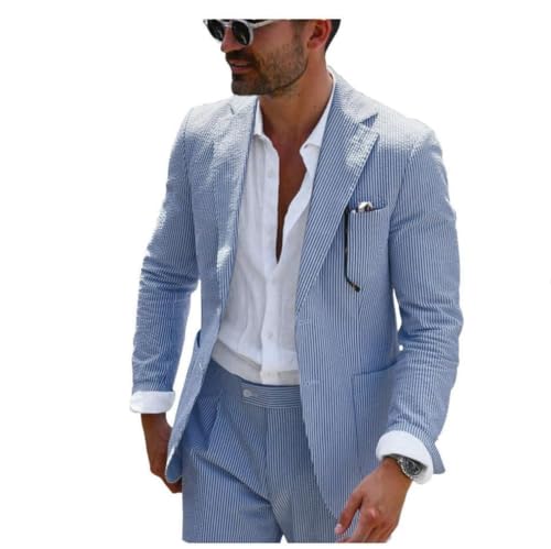 PopEle Mens Navy Blue Seersucker Suit Grooms Sear Sucker Suit for Fall Wedding Mens Leisure Suits Slim Fit - Image 1