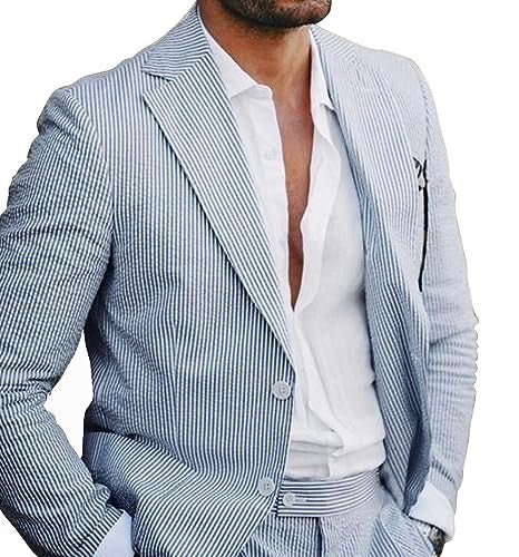 PopEle Mens Navy Blue Seersucker Suit Grooms Sear Sucker Suit for Fall Wedding Mens Leisure Suits Slim Fit - Image 3