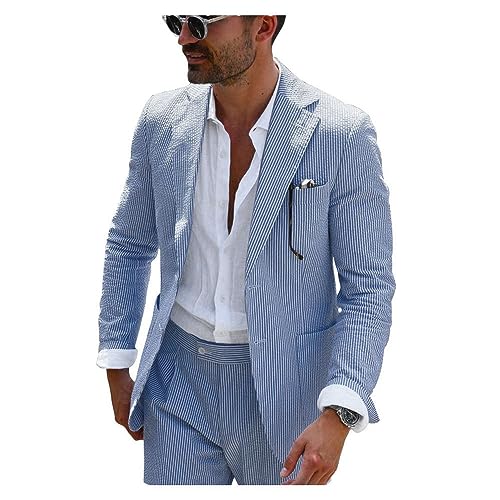 PopEle Mens Navy Blue Seersucker Suit Grooms Sear Sucker Suit for Fall Wedding Mens Leisure Suits Slim Fit - Image 2