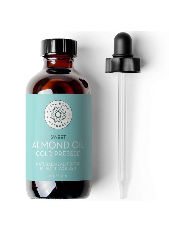 PURE BODY NATURALS Sweet Almond Oil, 4 Fl Oz - Cold Pressed And 100% Pure - For Hair, Skin, Nails, Therapeutic Massage, Carrier Oil  - Image 1