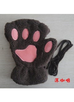 New Cat claw gloves winter cute cartoon cat girl open finger gloves fleece-lined thick bear paw gloves Deep coffee