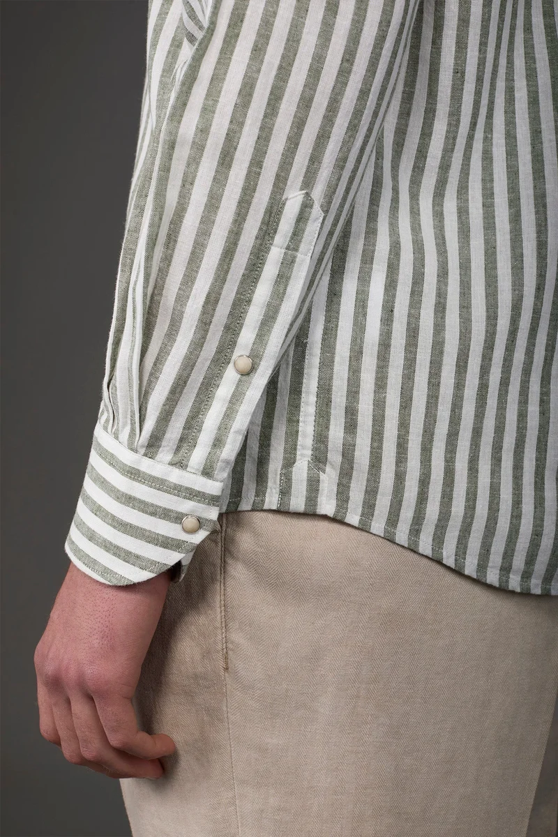 Doppelganger Multicolour Men's casual shirt with French collar in striped washed linen and cotton fabric - White/Green for Men | Best Price UAE